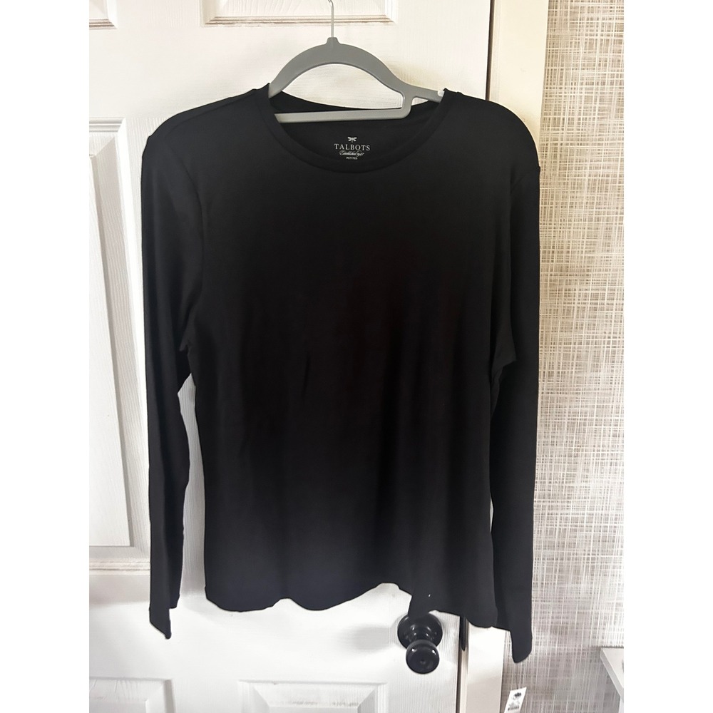 Talbots Black V-Neck T-Shirt LS Cotton Sz Large Petite New $29.50 MSRP DDD